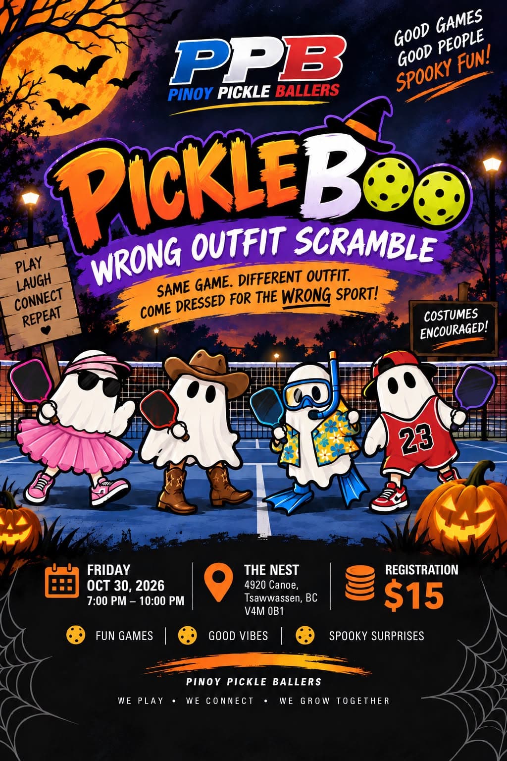 PickleBoo event poster: cartoon ghosts dressed for the wrong sports — a tutu, a cowboy hat and boots, snorkel gear, a basketball jersey — holding paddles on a purple and orange Halloween pickleball court.